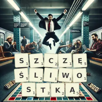Kreatywna ilustracja do gry w Scrabble ze słowem SZCZĘŚLIWOSTKĄ ułożonym z płytek na planszy.