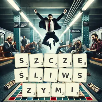 Kreatywna ilustracja do gry w Scrabble ze słowem SZCZĘŚLIWSZYMI ułożonym z płytek na planszy.