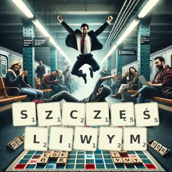 Kreatywna ilustracja do gry w Scrabble ze słowem SZCZĘŚLIWYM ułożonym z płytek na planszy.
