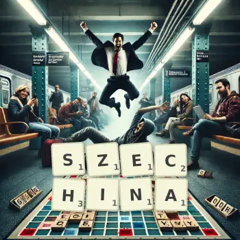 Kreatywna ilustracja do gry w Scrabble ze słowem SZECHINA ułożonym z płytek na planszy.