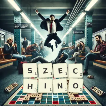 Kreatywna ilustracja do gry w Scrabble ze słowem SZECHINO ułożonym z płytek na planszy.