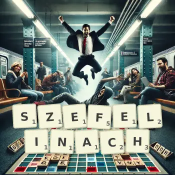 Kreatywna ilustracja do gry w Scrabble ze słowem SZEFELINACH ułożonym z płytek na planszy.