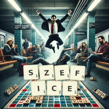 Kreatywna ilustracja do gry w Scrabble ze słowem SZEFICE ułożonym z płytek na planszy.