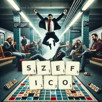 Kreatywna ilustracja do gry w Scrabble ze słowem SZEFICO ułożonym z płytek na planszy.