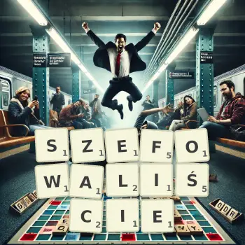 Kreatywna ilustracja do gry w Scrabble ze słowem SZEFOWALIŚCIE ułożonym z płytek na planszy.