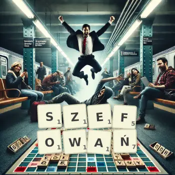 Kreatywna ilustracja do gry w Scrabble ze słowem SZEFOWAŃ ułożonym z płytek na planszy.