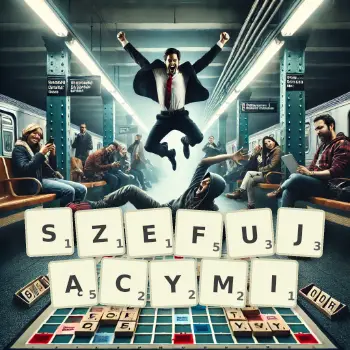 Kreatywna ilustracja do gry w Scrabble ze słowem SZEFUJĄCYMI ułożonym z płytek na planszy.