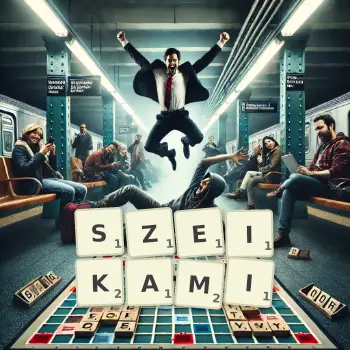 Kreatywna ilustracja do gry w Scrabble ze słowem SZEIKAMI ułożonym z płytek na planszy.