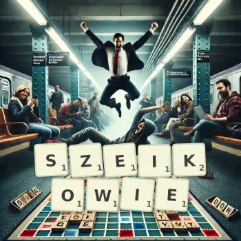 Kreatywna ilustracja do gry w Scrabble ze słowem SZEIKOWIE ułożonym z płytek na planszy.
