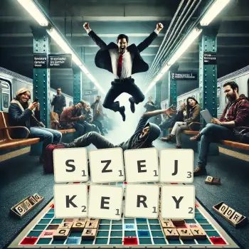 Kreatywna ilustracja do gry w Scrabble ze słowem SZEJKERY ułożonym z płytek na planszy.