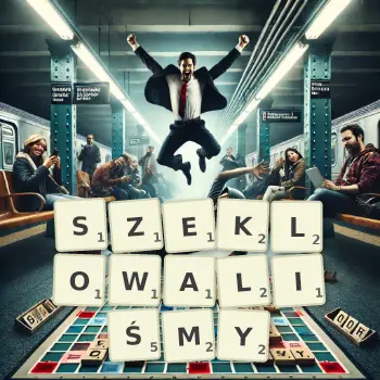 Kreatywna ilustracja do gry w Scrabble ze słowem SZEKLOWALIŚMY ułożonym z płytek na planszy.