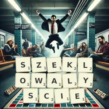Kreatywna ilustracja do gry w Scrabble ze słowem SZEKLOWALYSCIE ułożonym z płytek na planszy.