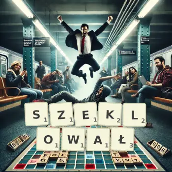 Kreatywna ilustracja do gry w Scrabble ze słowem SZEKLOWAŁ ułożonym z płytek na planszy.