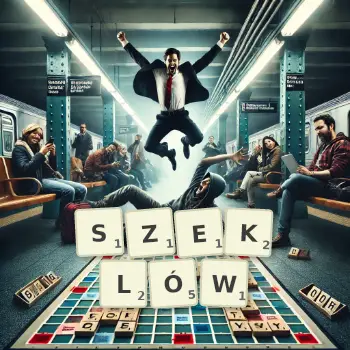 Kreatywna ilustracja do gry w Scrabble ze słowem SZEKLÓW ułożonym z płytek na planszy.