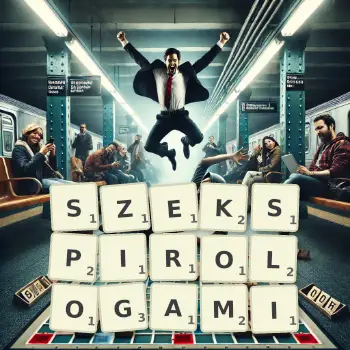 Kreatywna ilustracja do gry w Scrabble ze słowem SZEKSPIROLOGAMI ułożonym z płytek na planszy.