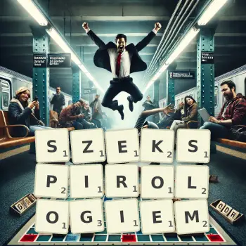 Kreatywna ilustracja do gry w Scrabble ze słowem SZEKSPIROLOGIEM ułożonym z płytek na planszy.