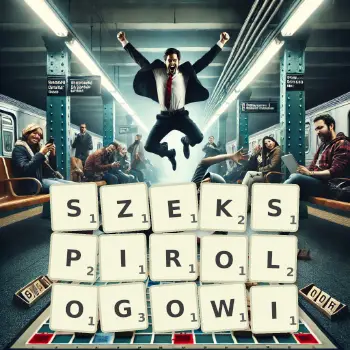 Kreatywna ilustracja do gry w Scrabble ze słowem SZEKSPIROLOGOWI ułożonym z płytek na planszy.