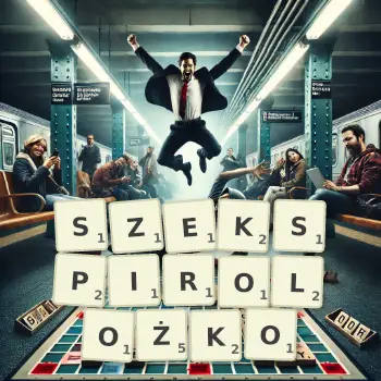 Kreatywna ilustracja do gry w Scrabble ze słowem SZEKSPIROLOŻKO ułożonym z płytek na planszy.
