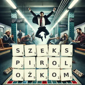 Kreatywna ilustracja do gry w Scrabble ze słowem SZEKSPIROLOŻKOM ułożonym z płytek na planszy.