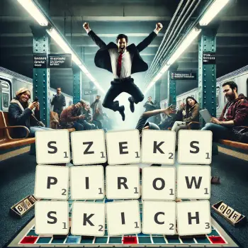Kreatywna ilustracja do gry w Scrabble ze słowem SZEKSPIROWSKICH ułożonym z płytek na planszy.