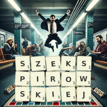 Kreatywna ilustracja do gry w Scrabble ze słowem SZEKSPIROWSKIEJ ułożonym z płytek na planszy.