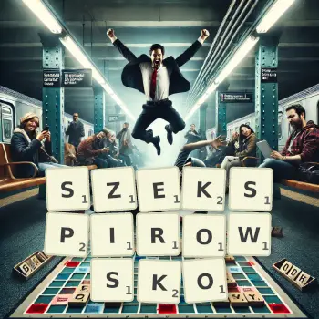 Kreatywna ilustracja do gry w Scrabble ze słowem SZEKSPIROWSKO ułożonym z płytek na planszy.