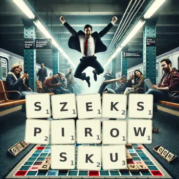 Kreatywna ilustracja do gry w Scrabble ze słowem SZEKSPIROWSKU ułożonym z płytek na planszy.