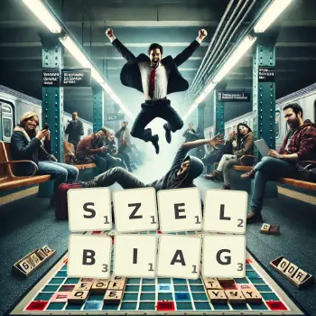 Kreatywna ilustracja do gry w Scrabble ze słowem SZELBIAG ułożonym z płytek na planszy.