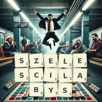 Kreatywna ilustracja do gry w Scrabble ze słowem SZELESCILABYS ułożonym z płytek na planszy.