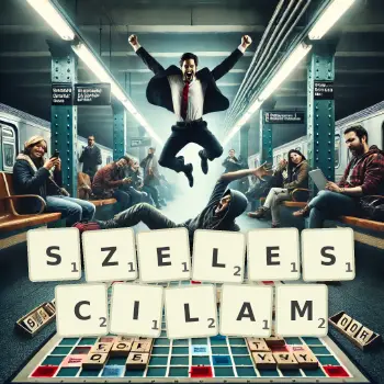 Kreatywna ilustracja do gry w Scrabble ze słowem SZELESCILAM ułożonym z płytek na planszy.