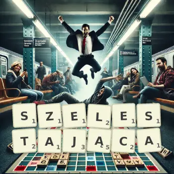 Kreatywna ilustracja do gry w Scrabble ze słowem SZELESTAJĄCA ułożonym z płytek na planszy.