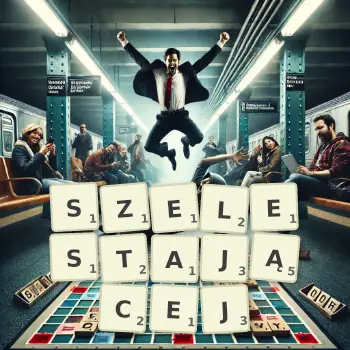 Kreatywna ilustracja do gry w Scrabble ze słowem SZELESTAJĄCEJ ułożonym z płytek na planszy.