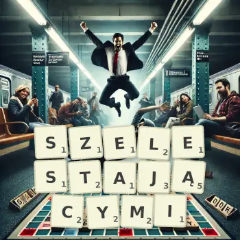 Kreatywna ilustracja do gry w Scrabble ze słowem SZELESTAJĄCYMI ułożonym z płytek na planszy.