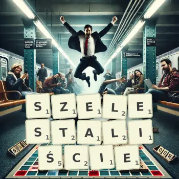 Kreatywna ilustracja do gry w Scrabble ze słowem SZELESTALIŚCIE ułożonym z płytek na planszy.
