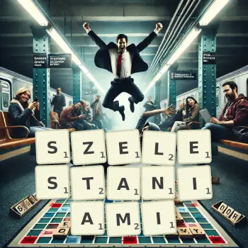 Kreatywna ilustracja do gry w Scrabble ze słowem SZELESTANIAMI ułożonym z płytek na planszy.