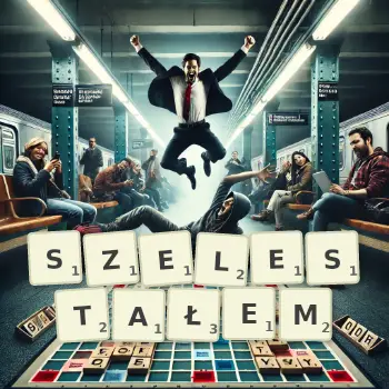 Kreatywna ilustracja do gry w Scrabble ze słowem SZELESTAŁEM ułożonym z płytek na planszy.