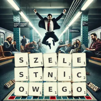 Kreatywna ilustracja do gry w Scrabble ze słowem SZELESTNICOWEGO ułożonym z płytek na planszy.