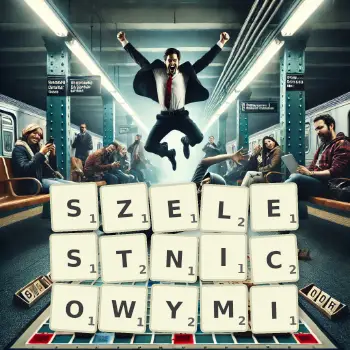 Kreatywna ilustracja do gry w Scrabble ze słowem SZELESTNICOWYMI ułożonym z płytek na planszy.