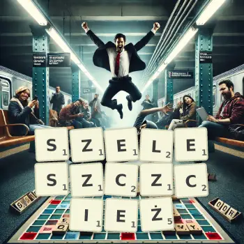 Kreatywna ilustracja do gry w Scrabble ze słowem SZELESZCZCIEŻ ułożonym z płytek na planszy.