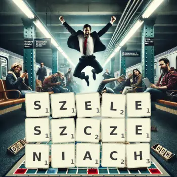 Kreatywna ilustracja do gry w Scrabble ze słowem SZELESZCZENIACH ułożonym z płytek na planszy.
