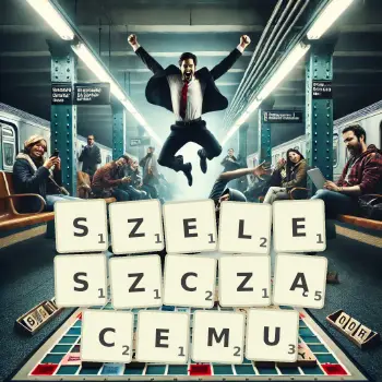 Kreatywna ilustracja do gry w Scrabble ze słowem SZELESZCZĄCEMU ułożonym z płytek na planszy.