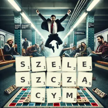 Kreatywna ilustracja do gry w Scrabble ze słowem SZELESZCZĄCYM ułożonym z płytek na planszy.