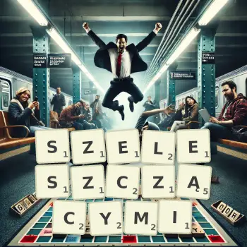 Kreatywna ilustracja do gry w Scrabble ze słowem SZELESZCZĄCYMI ułożonym z płytek na planszy.