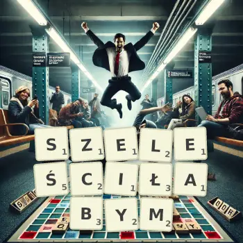 Kreatywna ilustracja do gry w Scrabble ze słowem SZELEŚCIŁABYM ułożonym z płytek na planszy.