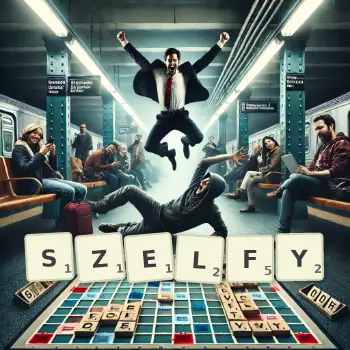 Kreatywna ilustracja do gry w Scrabble ze słowem SZELFY ułożonym z płytek na planszy.