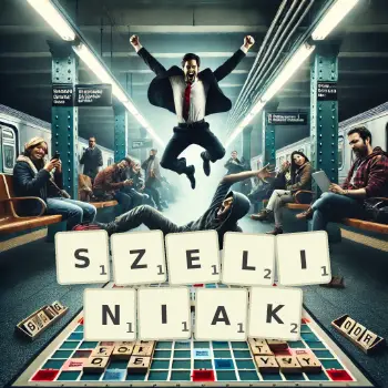 Kreatywna ilustracja do gry w Scrabble ze słowem SZELINIAK ułożonym z płytek na planszy.