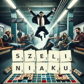 Kreatywna ilustracja do gry w Scrabble ze słowem SZELINIAKU ułożonym z płytek na planszy.