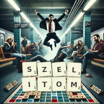 Kreatywna ilustracja do gry w Scrabble ze słowem SZELITOM ułożonym z płytek na planszy.