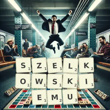 Kreatywna ilustracja do gry w Scrabble ze słowem SZELKOWSKIEMU ułożonym z płytek na planszy.