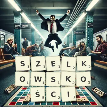 Kreatywna ilustracja do gry w Scrabble ze słowem SZELKOWSKOŚCI ułożonym z płytek na planszy.